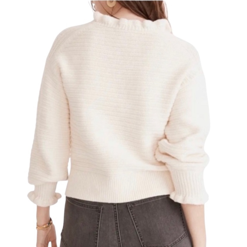 Madewell Oatmeal Cream Ruffle Neck Puff Sleeve Cropped Knit Sweater - L - Picture 2 of 16